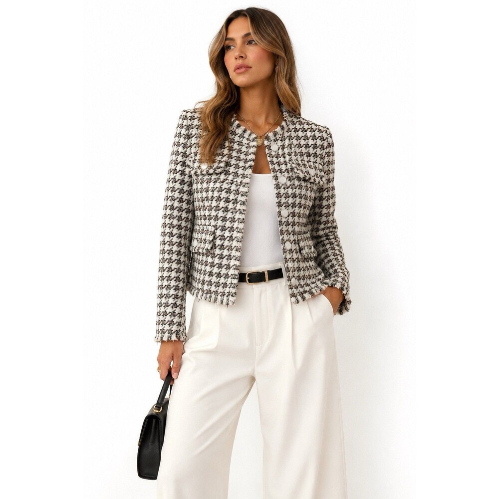 AQUA Bloomingdale’s Multicolor Houndstooth Tweed Fringe Jacket XS Pearl Buttons